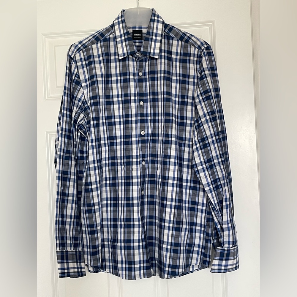 Men's Hugo Boss Long Sleeve Button Down Front Dress Shirt Blue Plaid Size Large